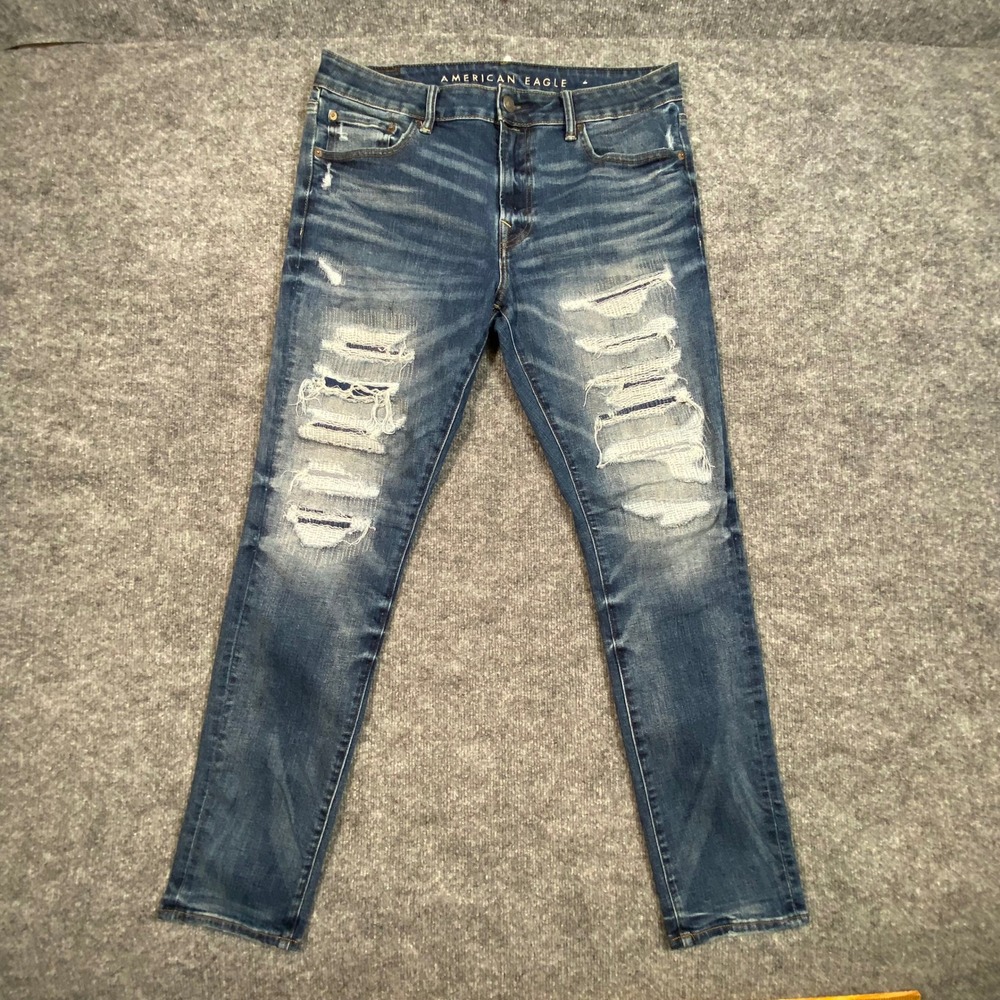American Eagle Mens Next Level Airflex Skinny Distressed Jeans Blue 36x32